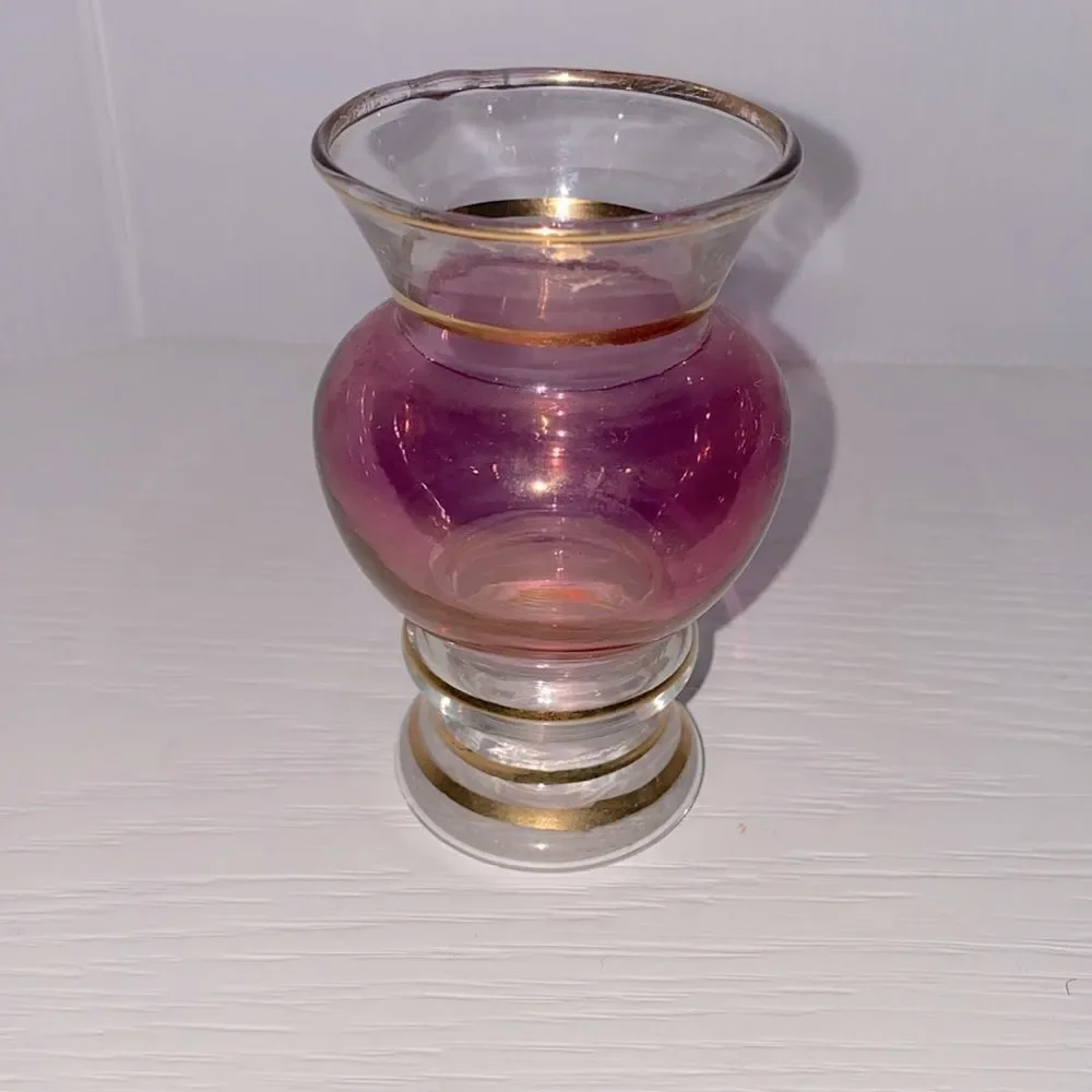 Vintage Cranberry & Clear Glass Mini Vase With Gold Trim